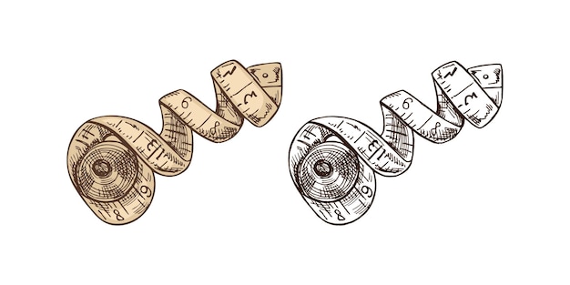 Vector hand drawn colored and monochrome sketches of tailors measuring tape in vintage doodle style