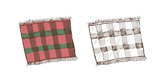 Ручно нарисованный цветный и одноцветный векторный эскиз текстильной салфетки.