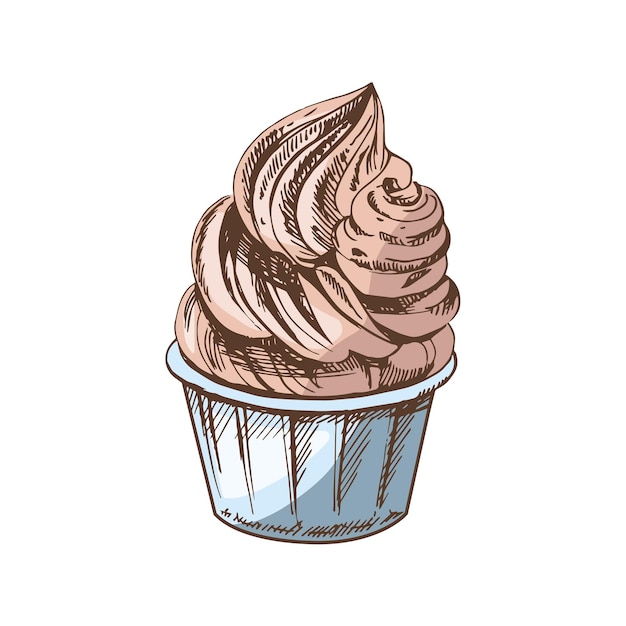 Uno schizzo colorato disegnato a mano di yogurt congelato o cupcake di gelato morbido in una tazza