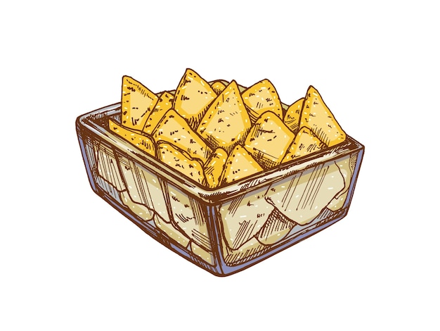 ガラスのボウルにナチョの手描きのカラースケッチ ヴィンテージのナチョ メキシコ料理