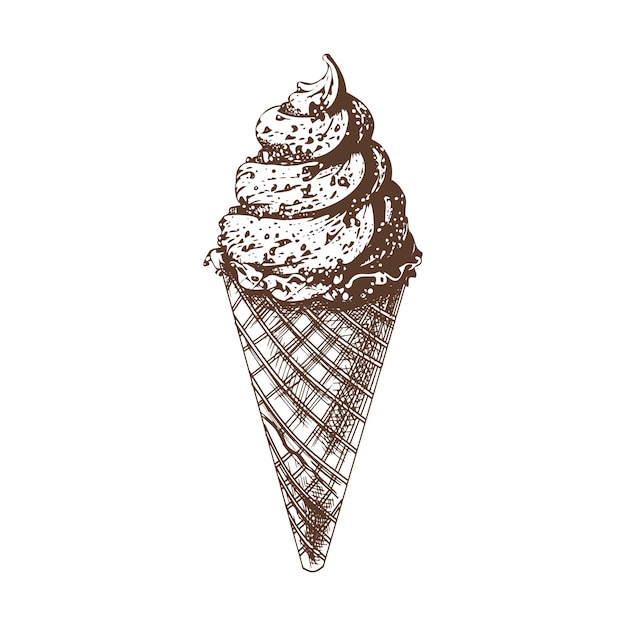 A hand drawn colored sketch of a waffle cone with frozen yogurt or soft ice cream