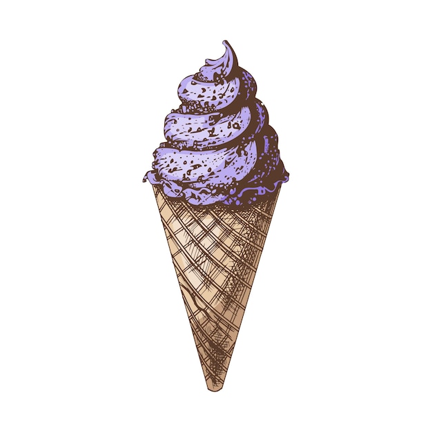 A hand drawn colored sketch of a waffle cone with frozen yogurt or soft ice cream