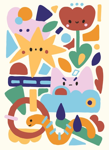 추상적인 모양, 고양이 별, 뱀이 있는 손으로 그린 화려한 추상 어린이 포스터