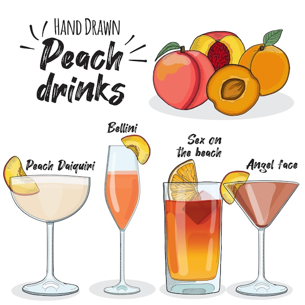 Hand Drawn Colorful Apricot Drinks Set Angel Face Bellini Peach Daiquiri Sex on the beach