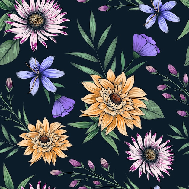 Hand drawn colorful botanical seamless floral pattern on dark