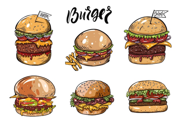 手描きのカラフルなハンバーガーセットスケッチベクトル図は白い背景で隔離
