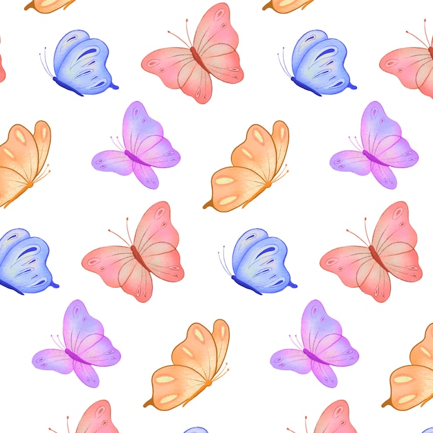 Vector hand drawn colorful butterfly with watercolor pattern