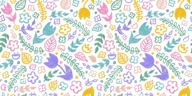 Vector hand drawn colorful charcoal pencil doodle flowers and plants in childish style vector seamless pattern botanical illustration