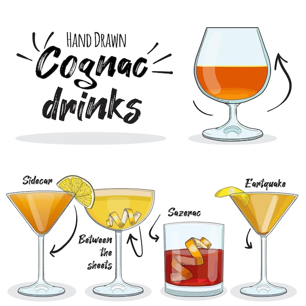 Bevande cognac colorate disegnate a mano set terremoto tra i fogli sazerac sidecar