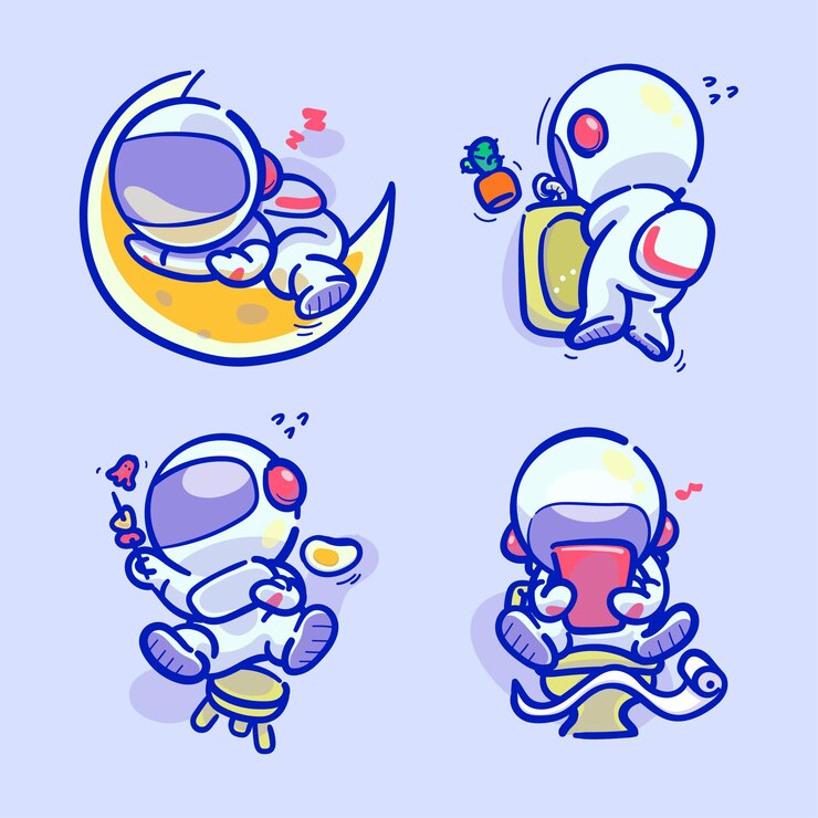 日常の活動をしている手描きのカラフルなかわいい宇宙飛行士