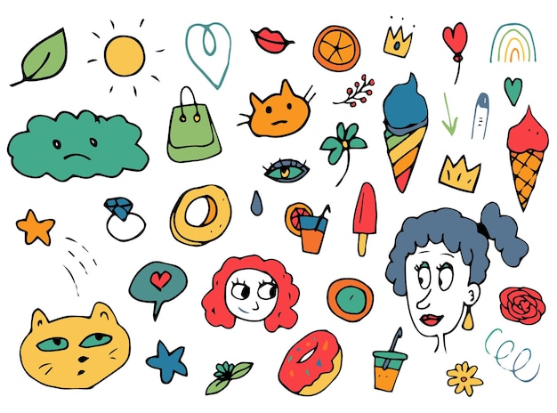Icona di doodle colorato disegnato a mano estate natura ragazza viso nuvola occhio gelato gatto