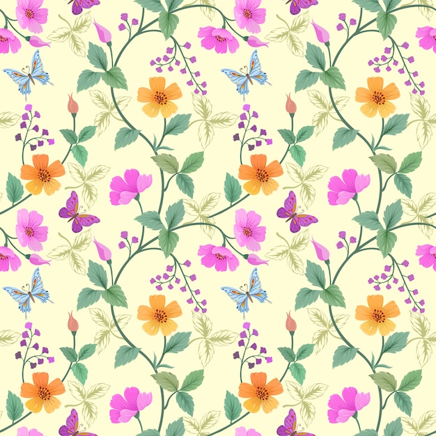 Premium Vector | Hand drawn colorful flowers and butterfly pattern.