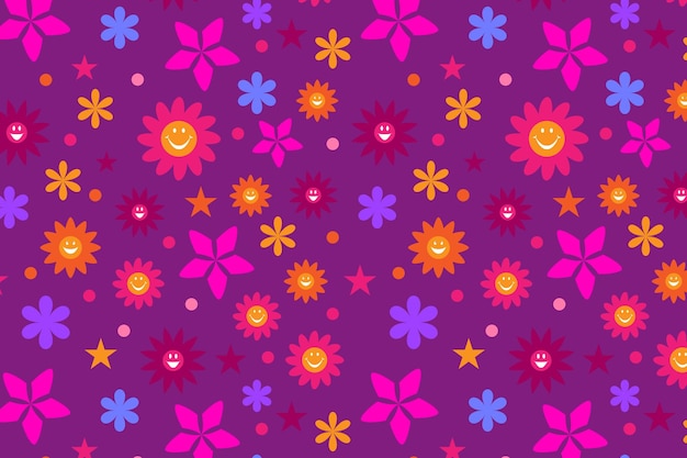 Hand drawn colorful groovy floral pattern