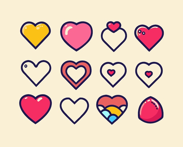Vettore set di icone di san valentino colorato disegnato a mano a forma di cuore