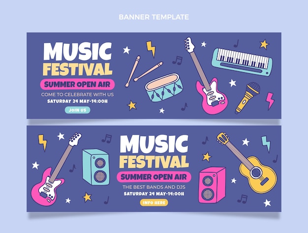 Vettore banner di festival musicali colorati disegnati a mano orizzontali