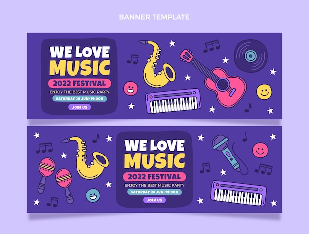 Vector hand drawn colorful music festival banners horizontal