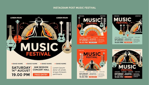 Vector hand drawn colorful music festival ig post