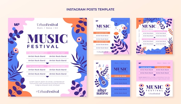 Hand drawn colorful music festival instagram posts