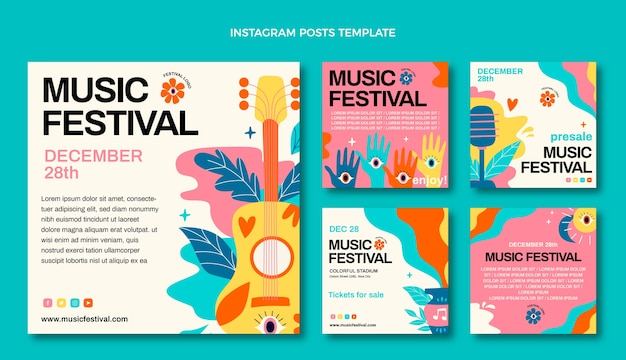 Vector hand drawn colorful music festival instagram posts