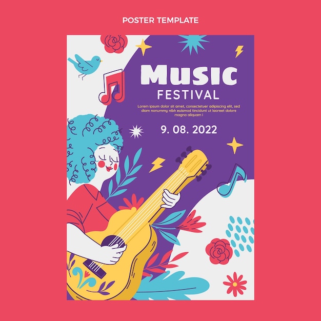 Vettore manifesto del festival musicale colorato disegnato a mano