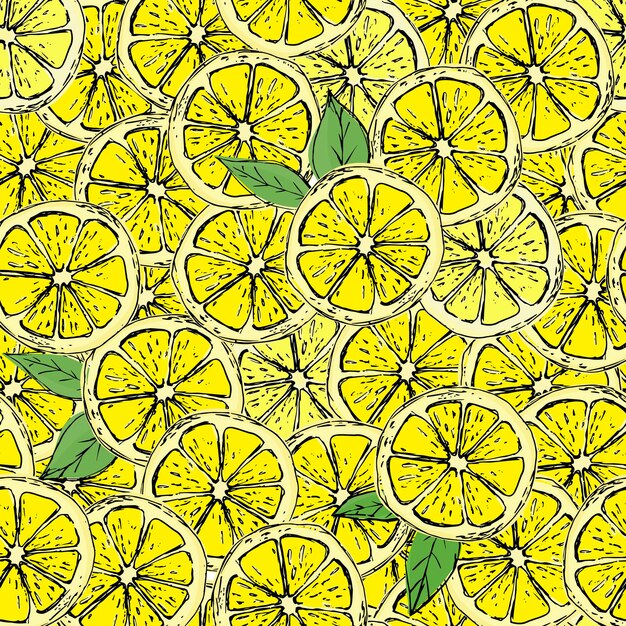 Hand drawn colorful seamless pattern of hand drawn lemons and green leaves