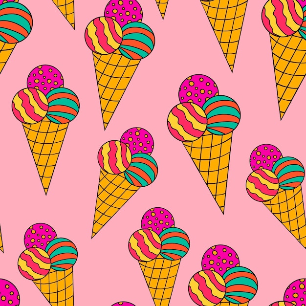 Hand drawn colorful seamless pattern with ice cream with three balls in the waffle cup