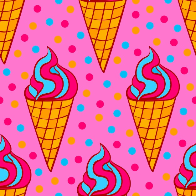 Hand drawn colorful seamless pattern with strawberry ice cream in the waffle cone.