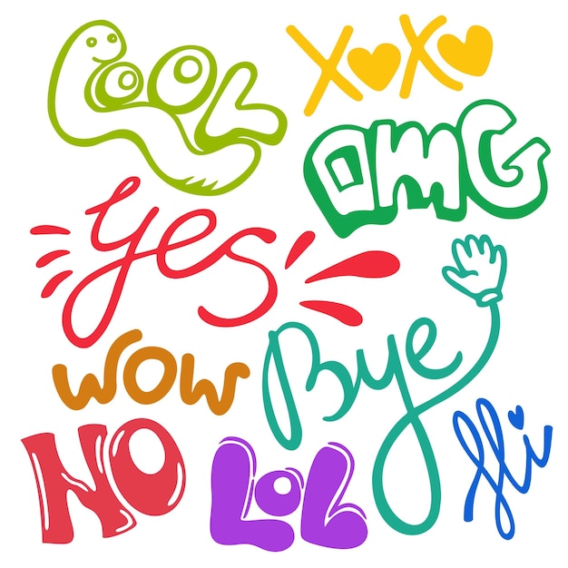 Hand drawn colorful set of short phrases Online chat stickers with different expressions Vector