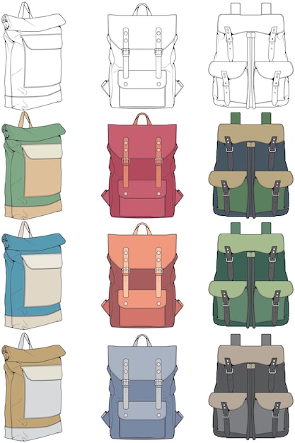Vector hand drawn colorfull vector set of backpacks cartoon casual backpack cool backpack colorfull backpacks vector illustration