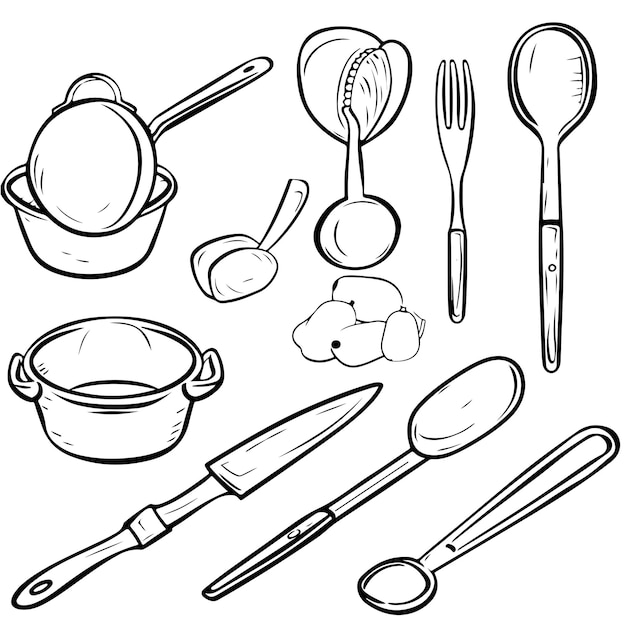 Vector hand drawn coloring book outline of set cooking home appliance vector illustration