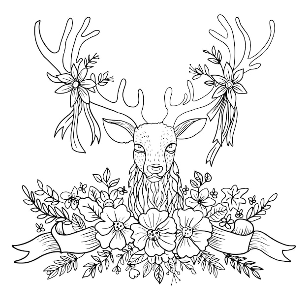 Hand drawn coloring book page Deer head with antlers entwined with ribbons and flowers