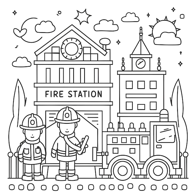 Hand drawn coloring book page illustration of a fire station with firefighters and a fire engine