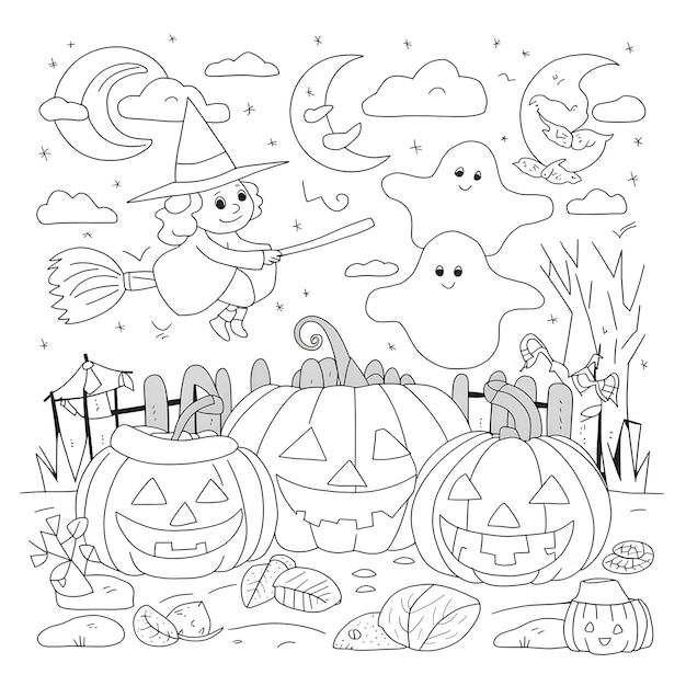 Vector hand drawn coloring book page illustration of a halloween scene with jackolanterns ghosts and a wit