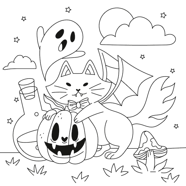 ハロウィーンのお祝いのための手描きの着色ページのイラスト