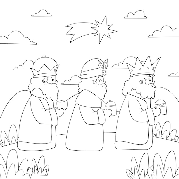 Vector hand drawn coloring page illustration for reyes magos