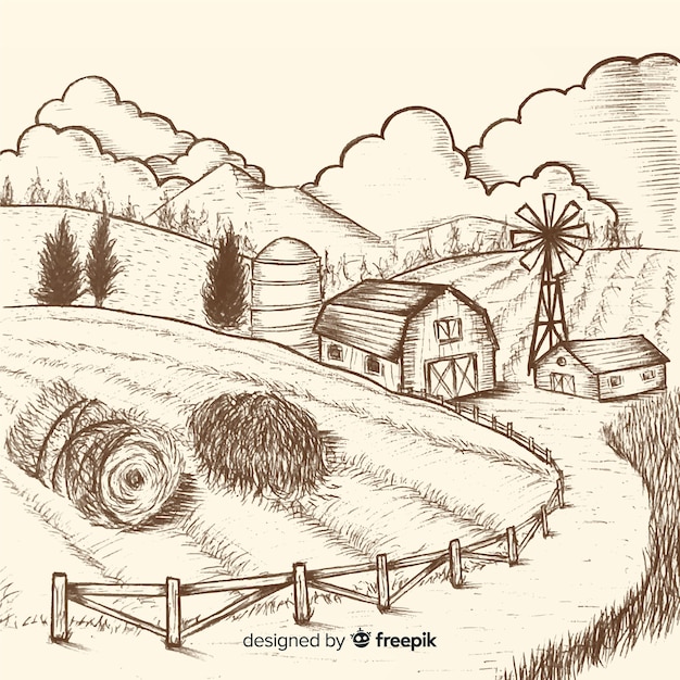 Hand drawn colorless farm landscape