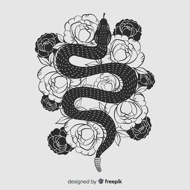 Hand drawn colorless snake with flowers background