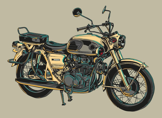 hand drawn colour motorcycle classic vector illustration clip art, line art collection