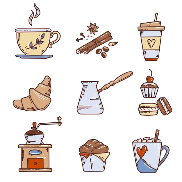 Vector hand drawn coloured coffee set vector sketch illustration set with cup cezve spices coffee grinder