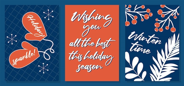 Hand drawn colourful Christmas greeting cards with winter plants mittens and calligraphy