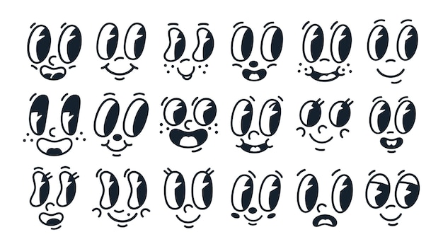Vector hand drawn comic smiling faces with eyes and mouths flat vector illustration collection