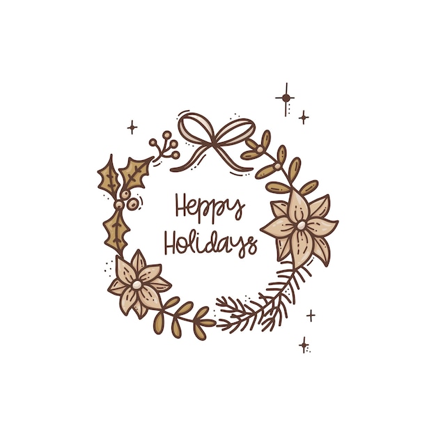 Vector hand drawn composition of christmas greeting card with xmas wreath gift bow holly flower lettering