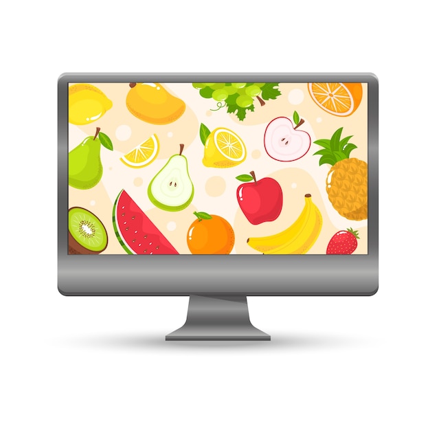 Vector hand drawn computer monitor with a juicy fruit background