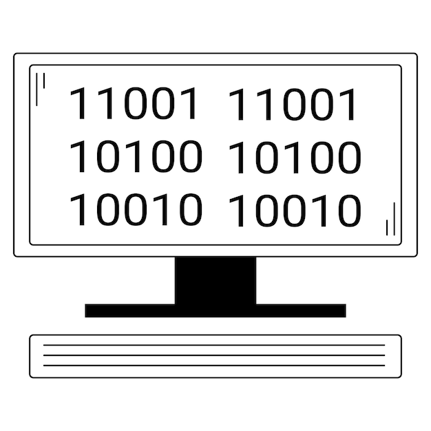 画面上のバイナリ コードを持つ手描きのコンピューター。複雑なコンピューティング タスク用のデバイス。ベクター。