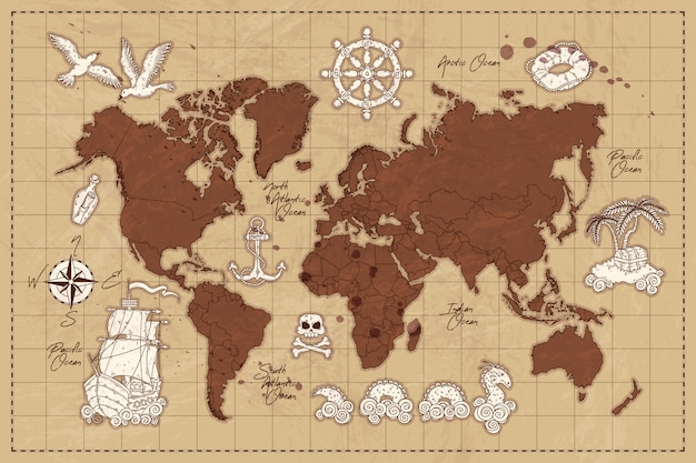 ベクトル ヴィンテージの世界地図の手描きのコンセプト