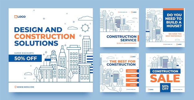 Hand drawn construction project instagram posts