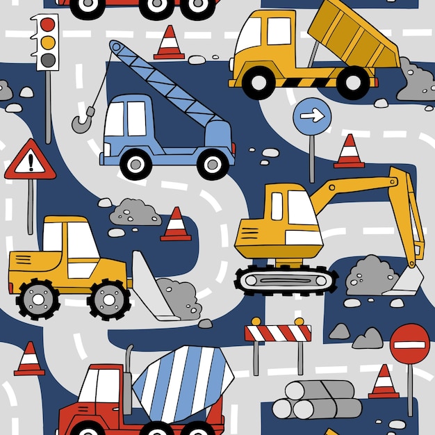 手描きの建設トラックやブルドーザー、道路建設のシームレスなベクトルパターン。