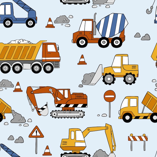 Hand drawn construction trucks and bulldozers seamless vector pattern.