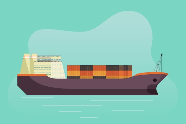 Vector hand drawn container ship on sea illustrated