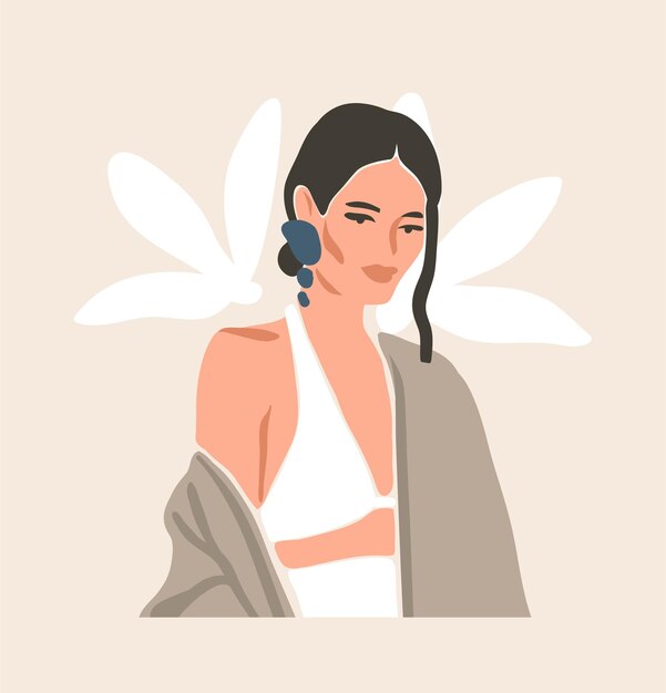 Hand drawn       contemporary aesthetic fashion illustration with bohemian,beautiful modern female portrait